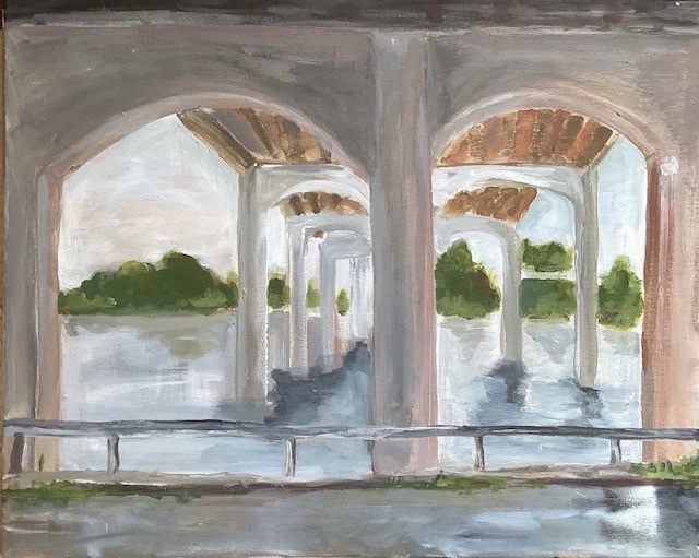 "From River Road to East Providence, from under the Henderson Bridge" (acrylic on stretched canvas), 20x16 - $125