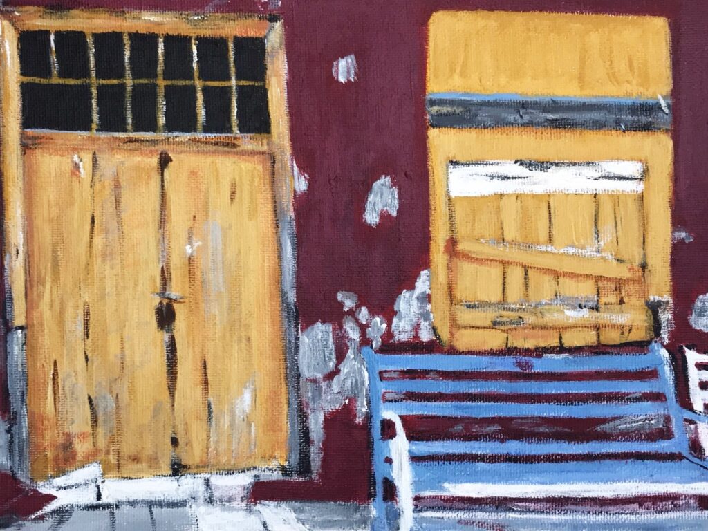 Blue Bench in Hydra, Greece (acrylic on canvas, 8x10) - Price Negotiable