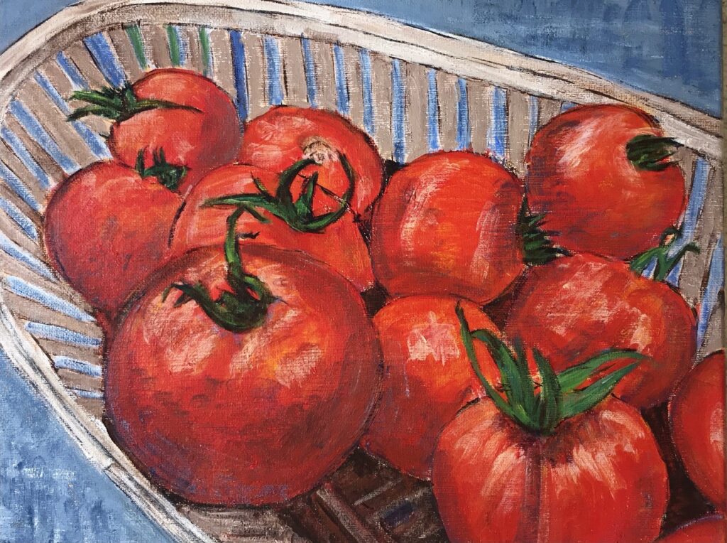 Heidi's Tomato Harvest (acrylic on unframed stretched canvas, 10x14) - $150