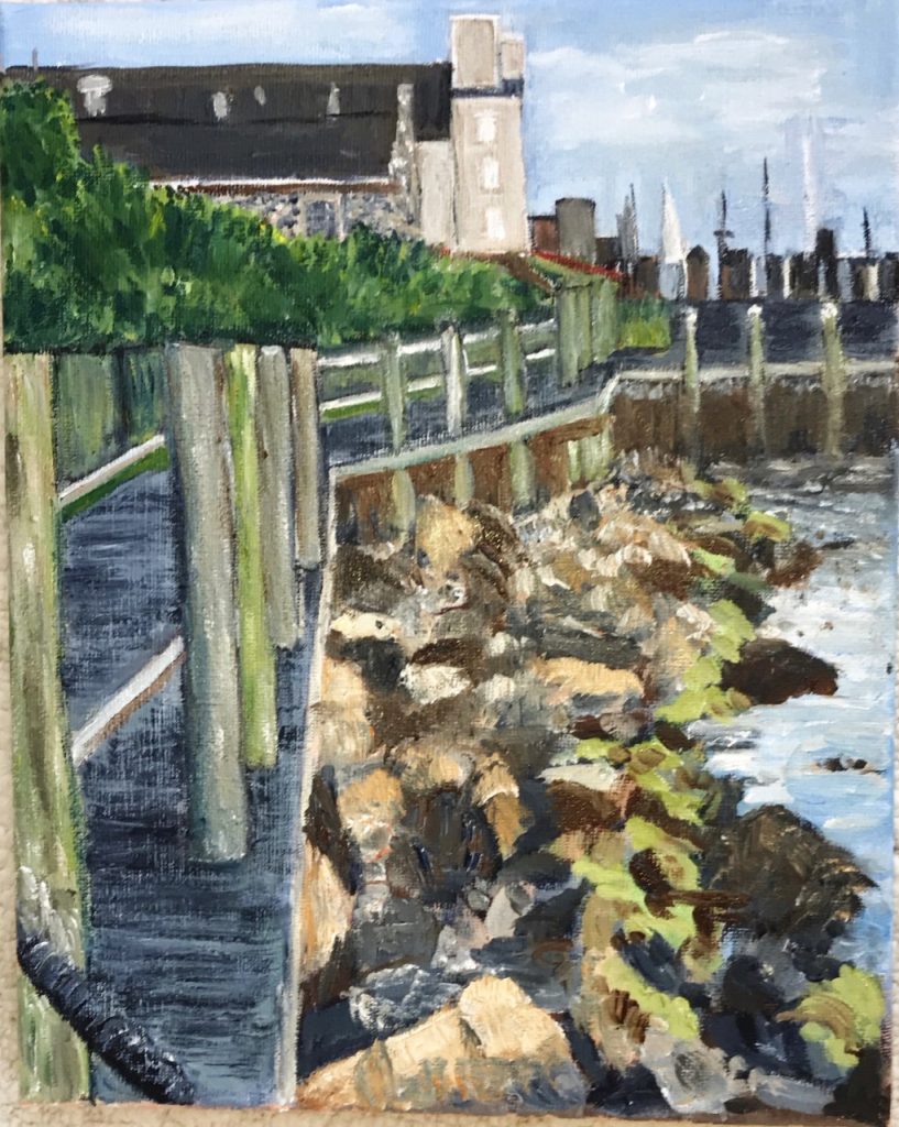 The Walkway at Bristol Harbor (oil on wrapped canvas), 8x10 - $150