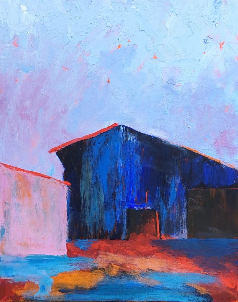 "Blue barn, pink Shed" (acrylic on canvas board), 8x10" - $50
