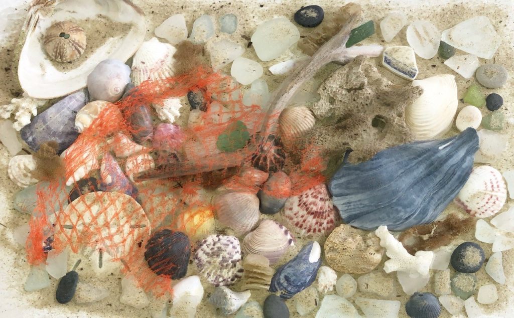 "Undersea world" ( after Kurt Schwitters), (collage, shells, sea glass, sand, and plastic on paper) - NFS
