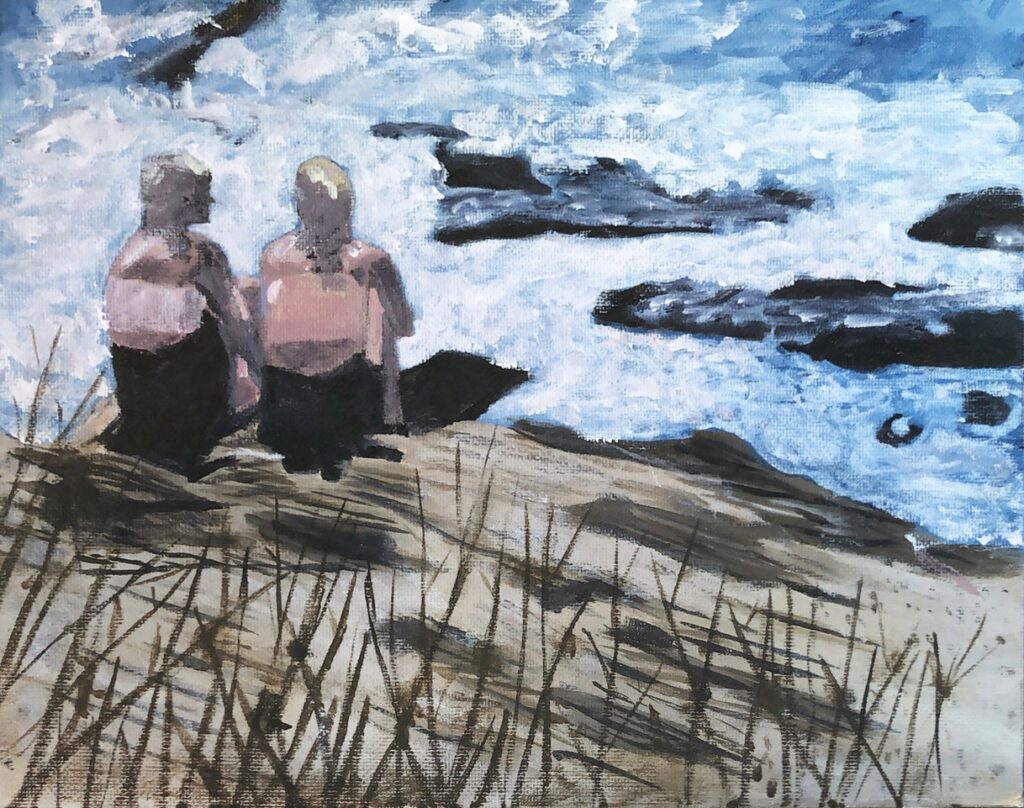Two Girls at Beavertail, Jamestown, RI (acrylic on canvas board), 8x10 - Negotiable
