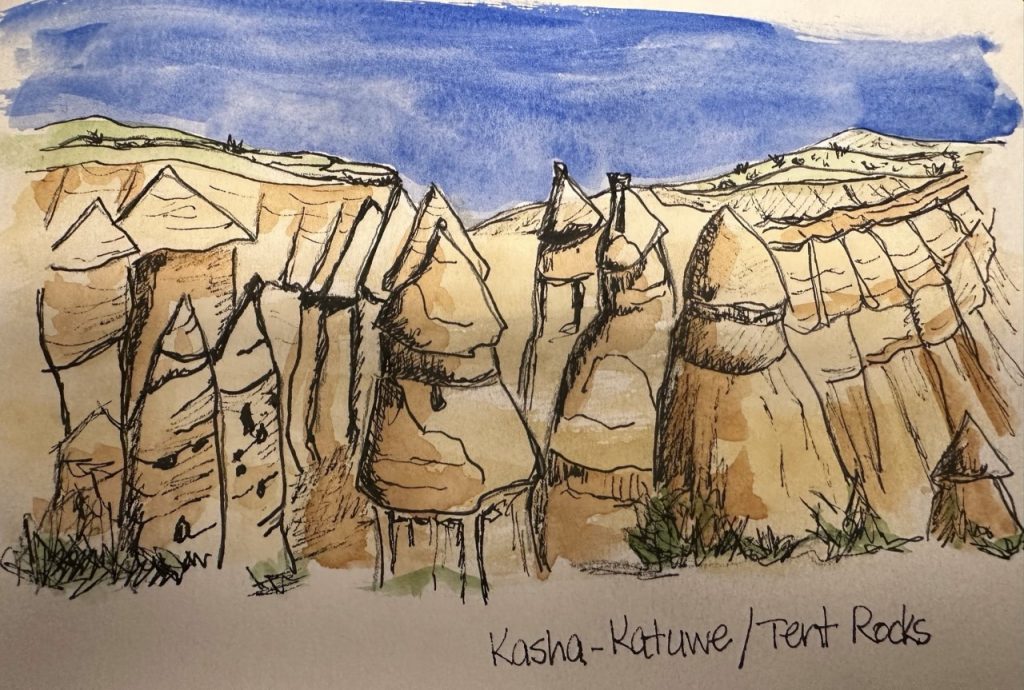 Tent Rocks, New Mexico (pen and ink, watercolor wash on paper), 4x6” - $50
