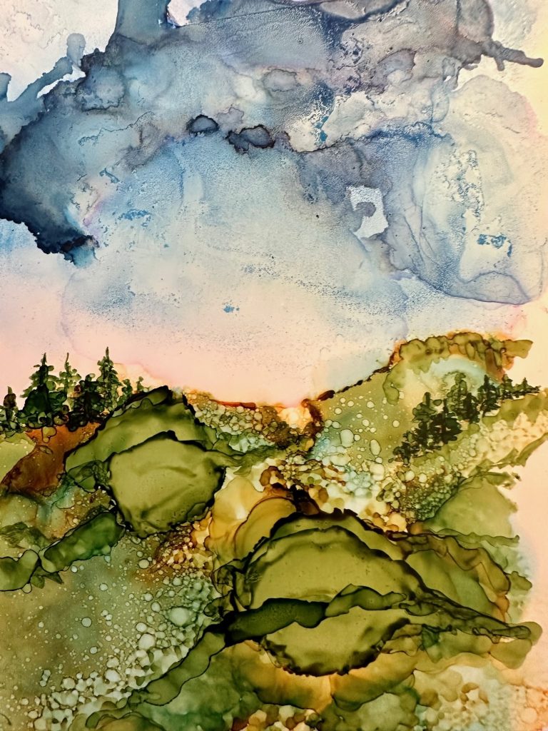 "The Hills are Alive" (alcohol ink on Yupo paper), 6x8” - $100