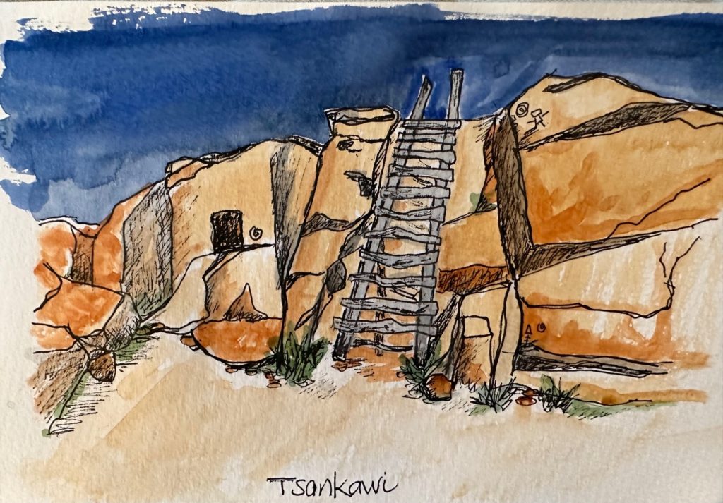"Tsankawi, NM" (pen and ink/watercolor on cold press watercolor paper), 4x6” - $50