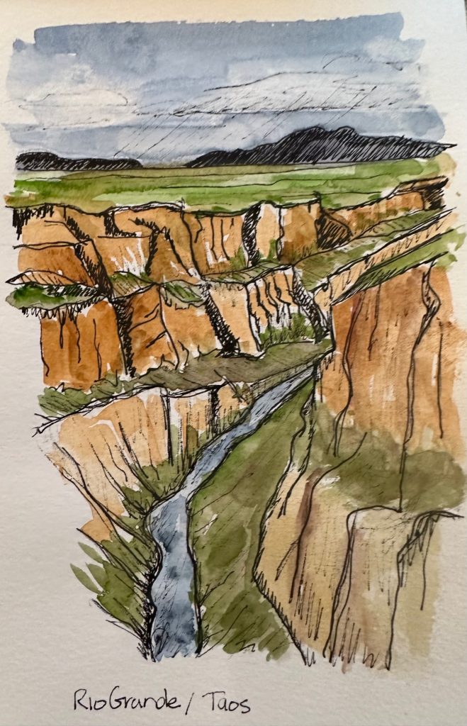 "Rio Grande, NM" (pen and ink/watercolor on cold press watercolor paper), 4x6” - $50